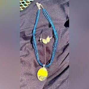 Grunge Blue Green 3 Strand Beaded Necklace And Earrings Set by East 5th Artsy